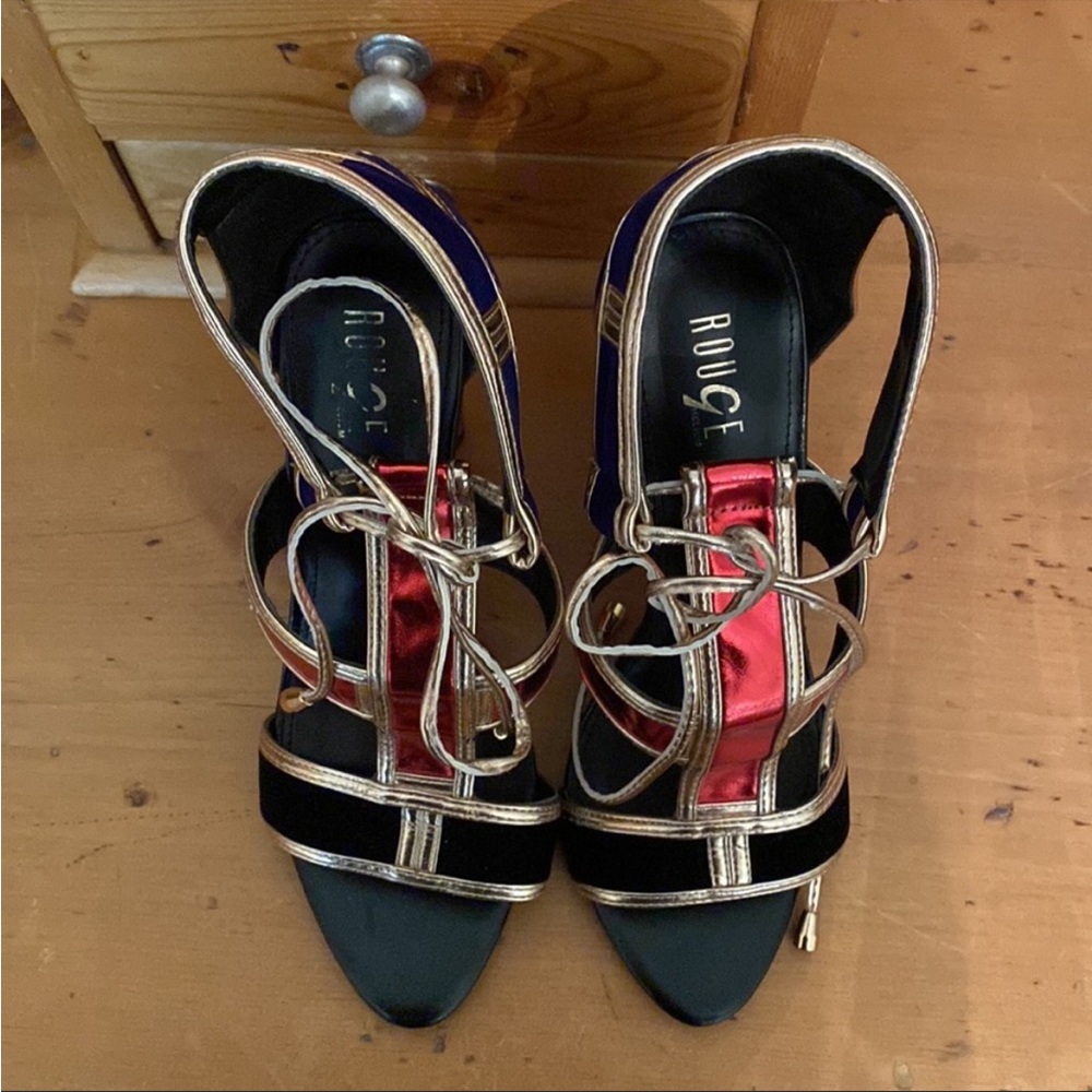 Awesome Red Gold Patent w Blue Suede Block Heel Pumps Rouge Helium Size 8 EC